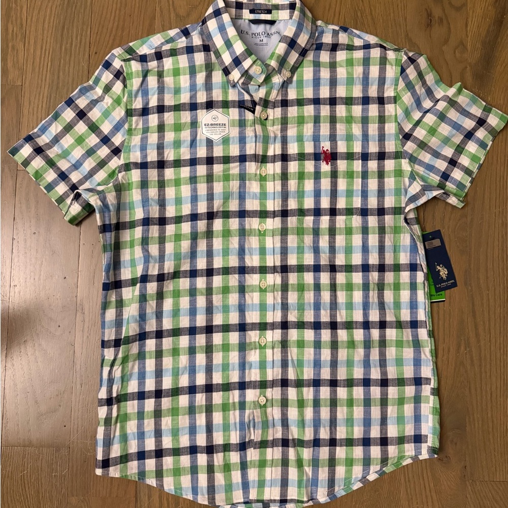 NWT U.S. Polo association Green Blue plaid Shirt Sz M